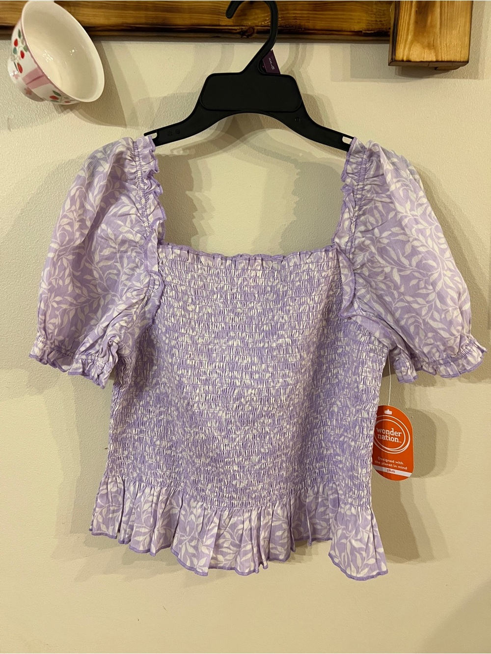 Wonder Nation Lavender Floral Smocked Puff Sleeve Top